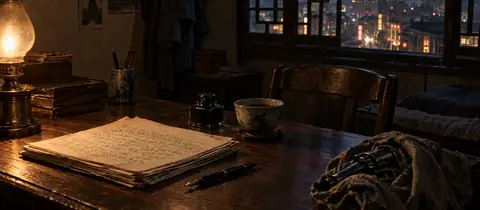 1920년대 베이징 셋방 책상 위의 원고 뭉치와 만년필