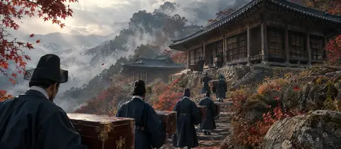 가을 안개 속 깊은 산의 실록 사고와 궤를 나르는 관리들