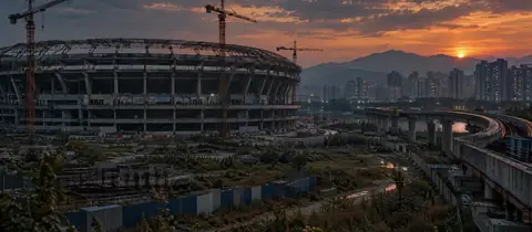 해 질 녘 짓다 만 경기장과 멈춘 경전철 교각