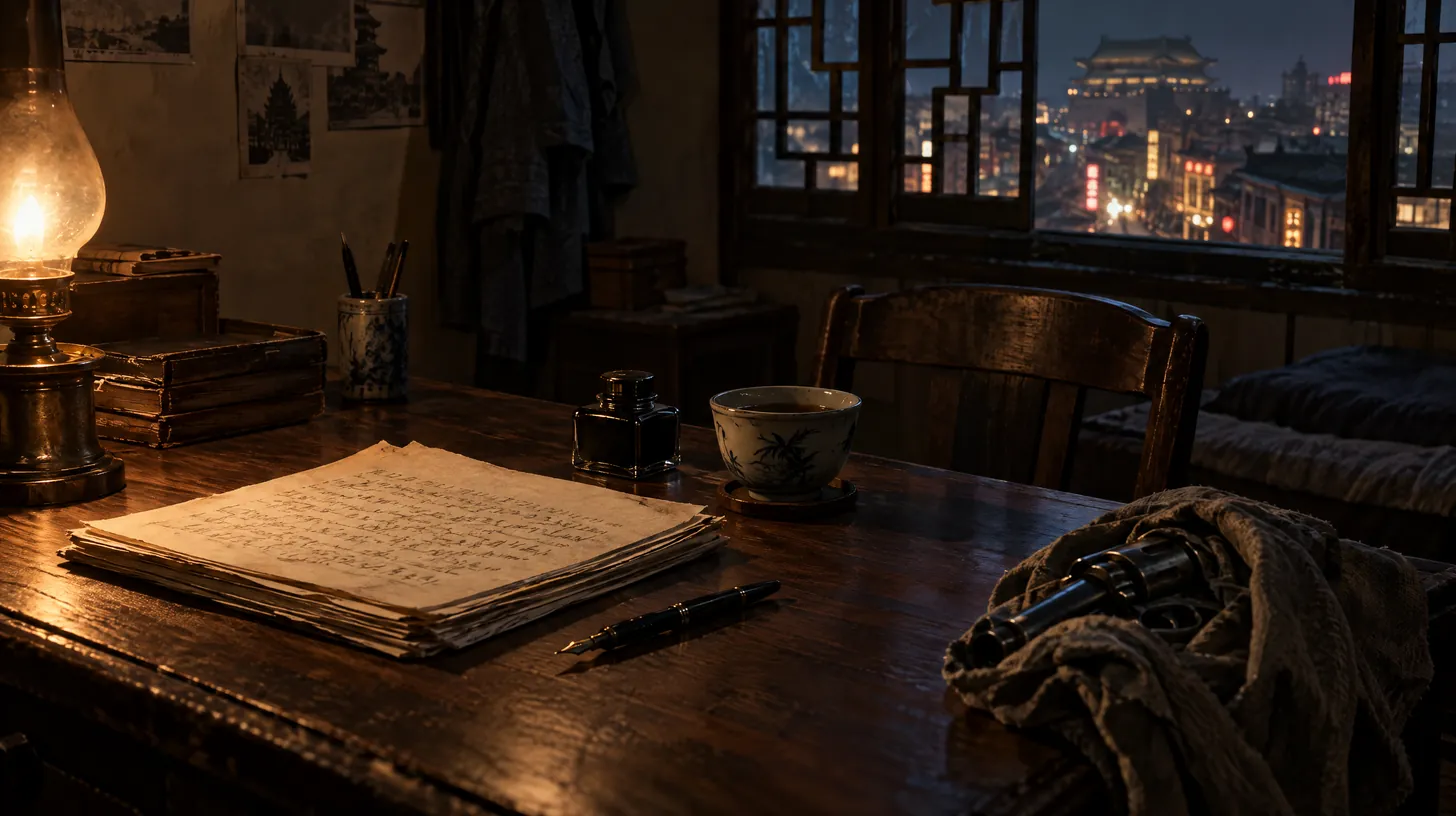 1920년대 베이징 셋방 책상 위의 원고 뭉치와 만년필