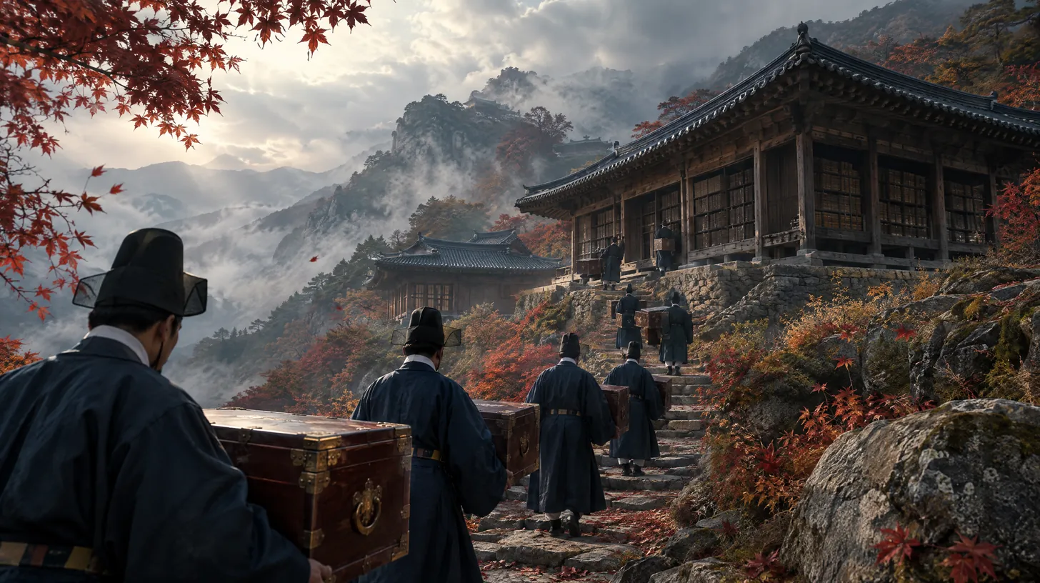 가을 안개 속 깊은 산의 실록 사고와 궤를 나르는 관리들
