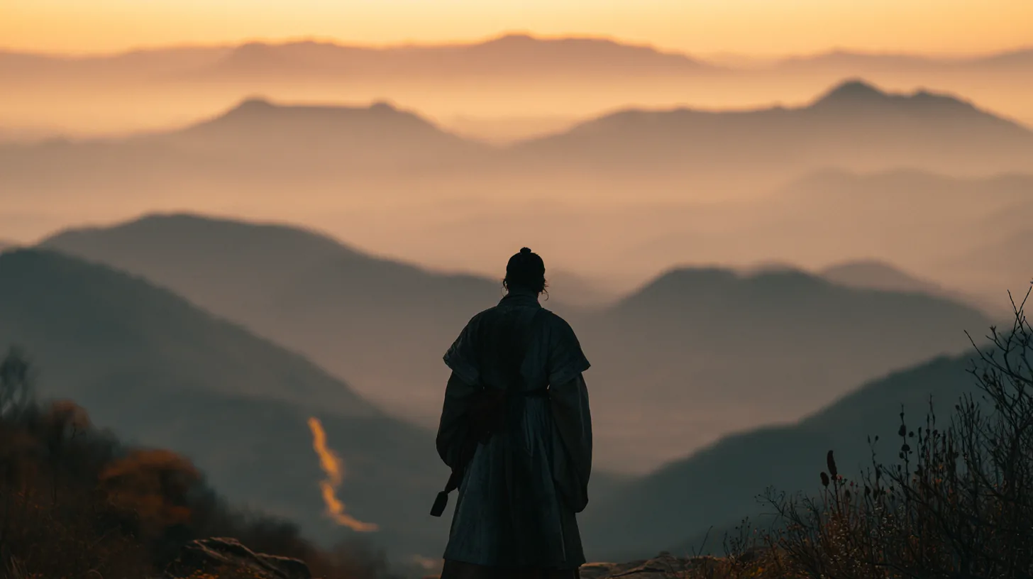 저녁 안개 낀 산줄기를 내려다보며 능선에 홀로 선 갓 쓴 사람의 뒷모습