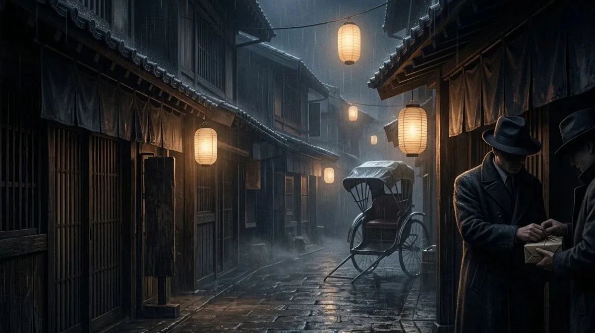 1920년 비 내린 대구 밤거리, 인력거 옆에서 외투 입은 두 사람이 꾸러미를 건네는 장면을 상상해 그린 그림.