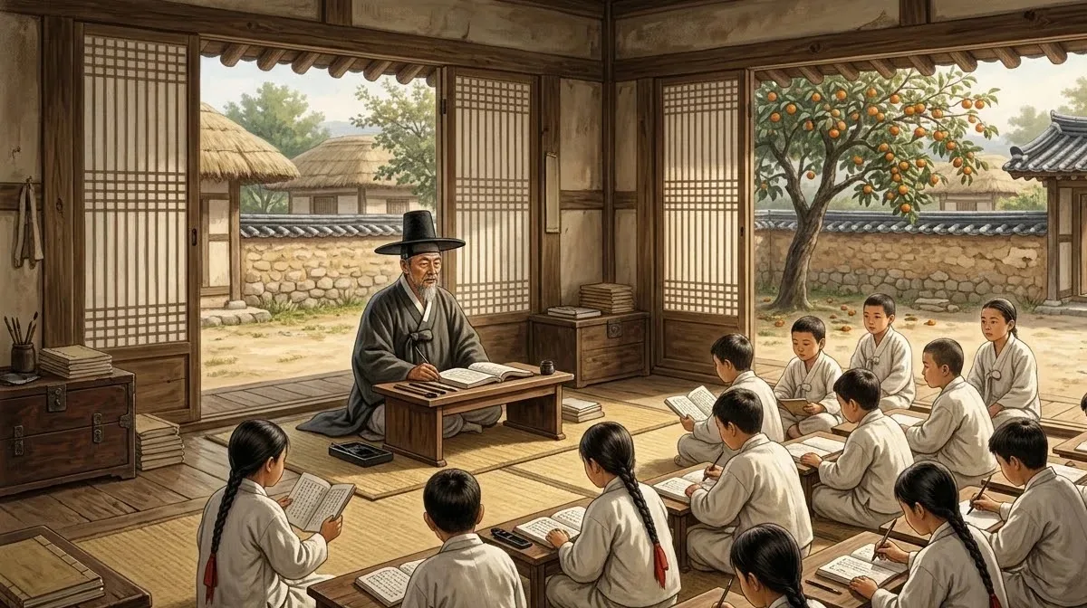 1900년대 초 기와집 마루에서 흰옷 입은 아이들이 책을 읽고 훈장이 앞에 앉은 마을 학교를 상상해 그린 그림.