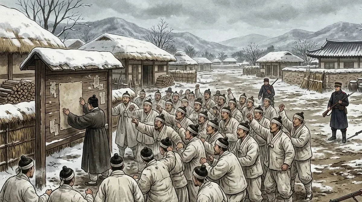 1895년 겨울 마을 광장에 붙은 단발령 방 앞에 상투 튼 사람들이 모여 들끓는 장면을 상상해 그린 그림.