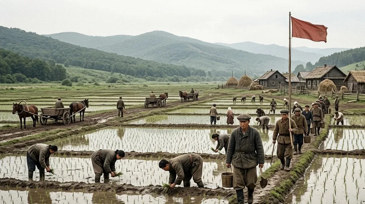 1930년대 연해주 고려인 집단농장의 논과 통나무집, 붉은 깃발을 상상해 그린 그림.