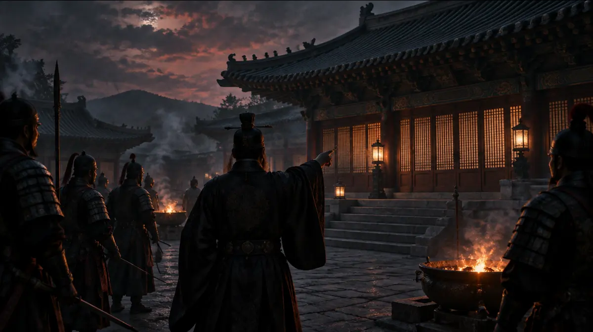 밤의 궁궐 마당에서 갑옷 차림 무사들이 어두운 비단옷의 귀족 뒤에 모여 침전을 바라보는 장면.