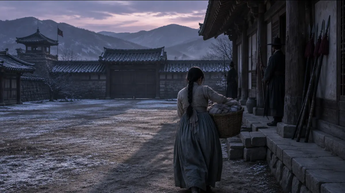 해 질 녘 군영 뒤뜰에서 젊은 여인이 무거운 빨래 광주리를 들고 군관 숙소로 걸어가는 뒷모습.