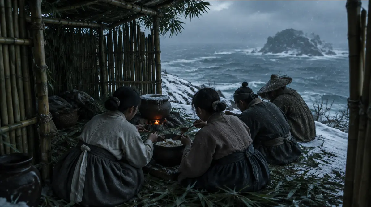 눈 덮인 섬 비탈의 대나무 막 앞에서 사람들이 한 그릇의 찬밥을 숟가락으로 나눠 먹는 뒷모습.