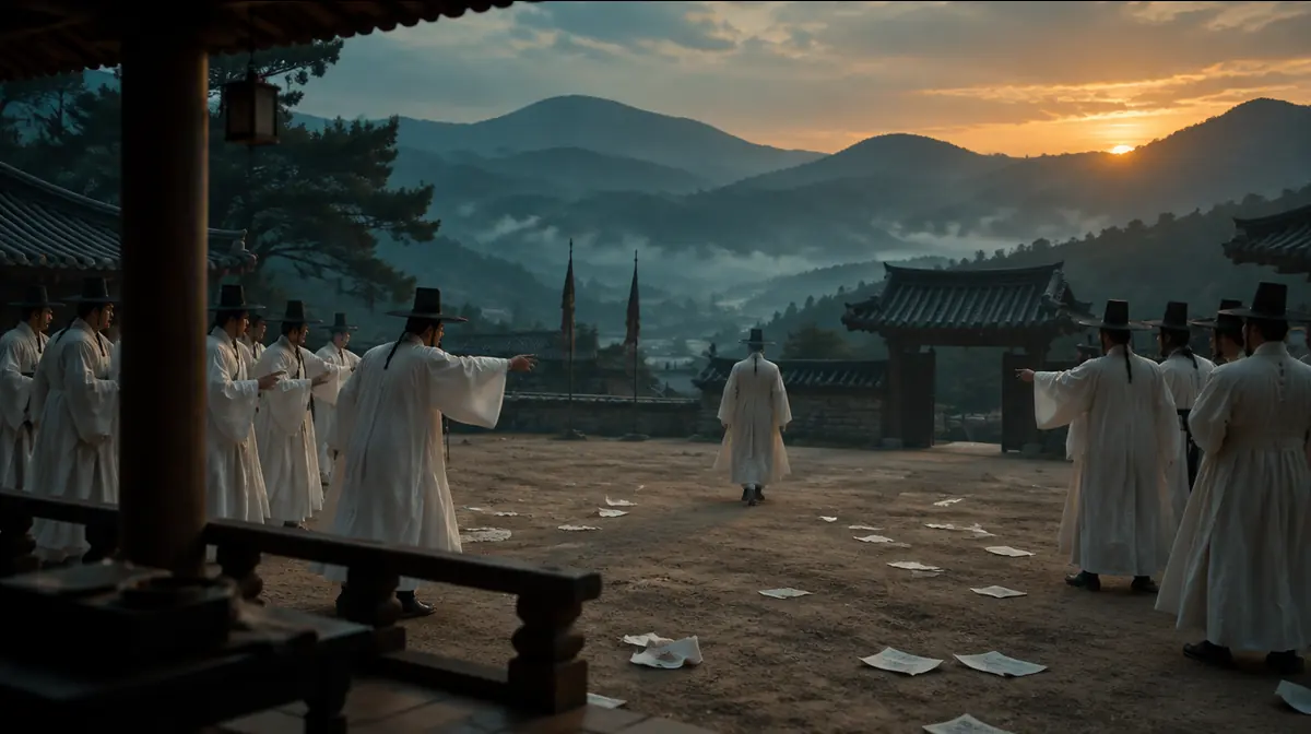 향촌 마당에서 갓 쓴 선비들이 두 패로 마주 서서 언성을 높이고 한 사람이 등을 돌려 떠나는 원경.