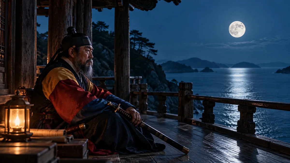 달 밝은 밤 한산도 수루 마루에 홀로 앉은 이순신의 옆모습 — 무릎 위의 긴 칼, 등잔 하나, 은빛 바다 위의 달. 이순신 루트와 같은 캐릭터 시트로 그린 인물 컷(AI 재현).