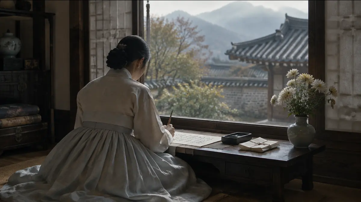 한옥 안방 창가에서 옅은 저고리 차림의 여인이 낮은 서안에 앉아 한지에 편지를 쓰는 뒷모습.