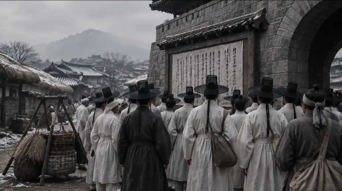 돌 성문 옆 나무 게시판에 붙은 큰 공고문 앞에 흰옷과 갓 차림의 백성들이 모여 읽는 뒷모습.