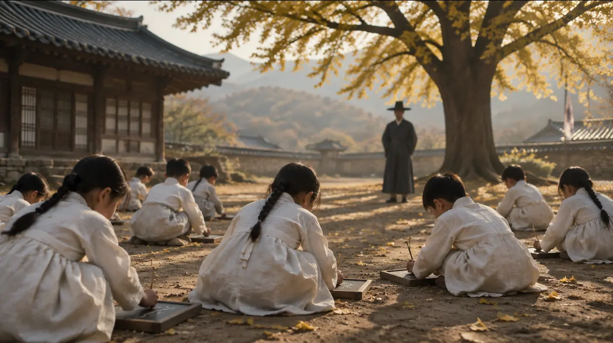 은행잎 노란 학교 마당에서 흰 한복 차림 아이들이 쪼그려 앉아 석판에 글자를 연습하는 뒷모습.