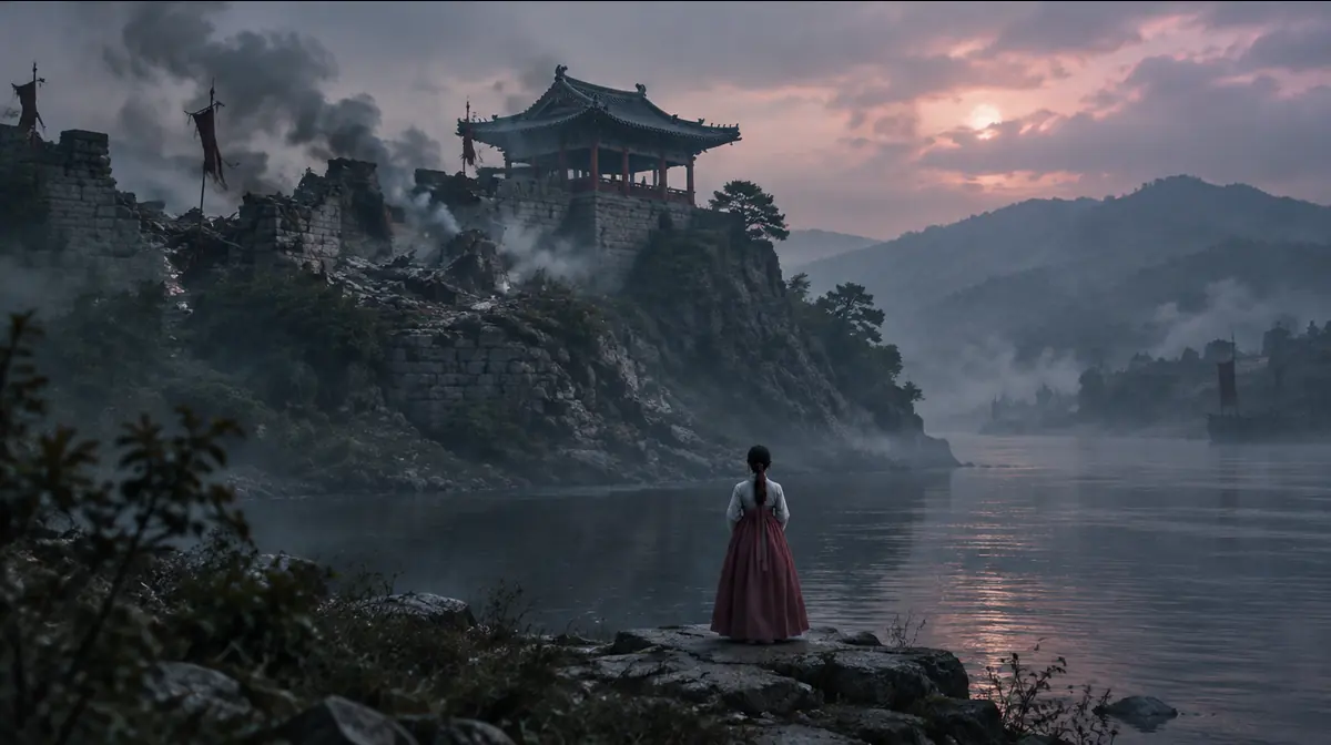 연기 자욱한 성벽 아래 강가 바위에 한복 입은 여인이 등을 보이고 서 있는 모습.