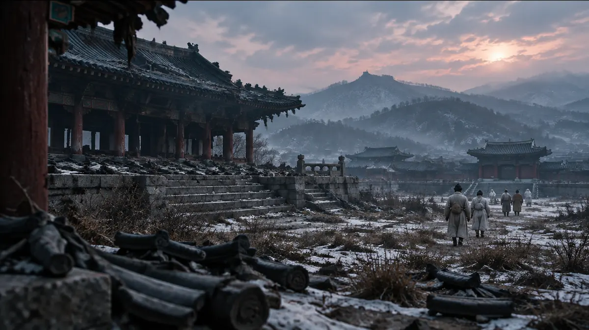 불타 주춧돌만 남은 궁궐 터 옆을 흰옷의 백성 몇이 멀리 지나가는 겨울 풍경.