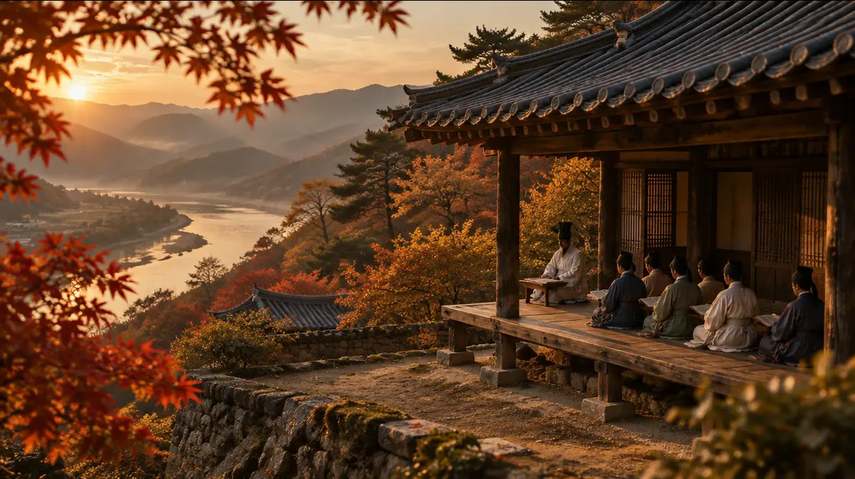 강이 굽어 도는 산자락의 작은 기와 서당 마루에서, 흰 도포의 노학자가 제자들을 가르치는 모습을 멀리서 본 풍경.