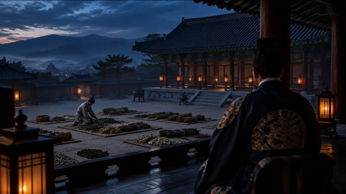 감영 마당에 약초가 널려 있고 젊은 의원이 이를 고르며 대청에서 관복 입은 감사가 지켜보는 원경.