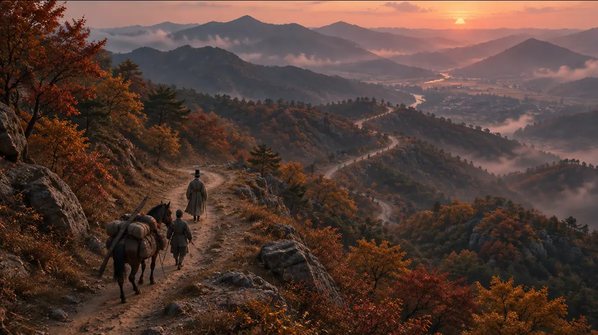 높은 곳에서 본 굽이진 고갯길을 갓 쓴 나그네가 활집을 실은 말과 종을 데리고 넘어가는 모습.