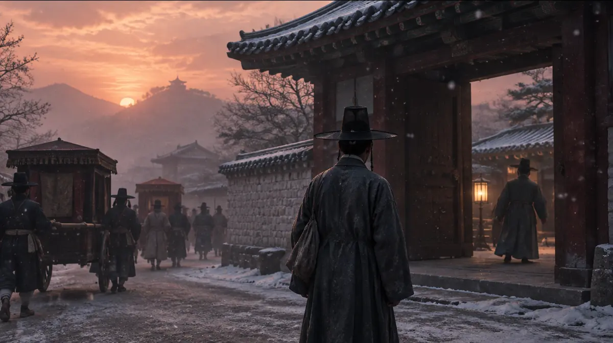 겨울 대감 집 솟을대문 밖에서 갓 쓴 사내가 홀로 기다리는 뒷모습과 그 곁을 지나가는 가마들.