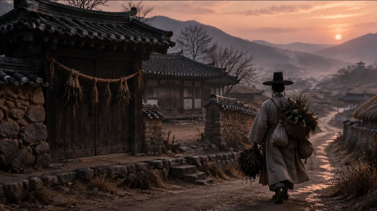 금줄을 친 닫힌 대문과 텅 빈 마당, 약재 꾸러미를 들고 서둘러 돌아오는 사내의 뒷모습.