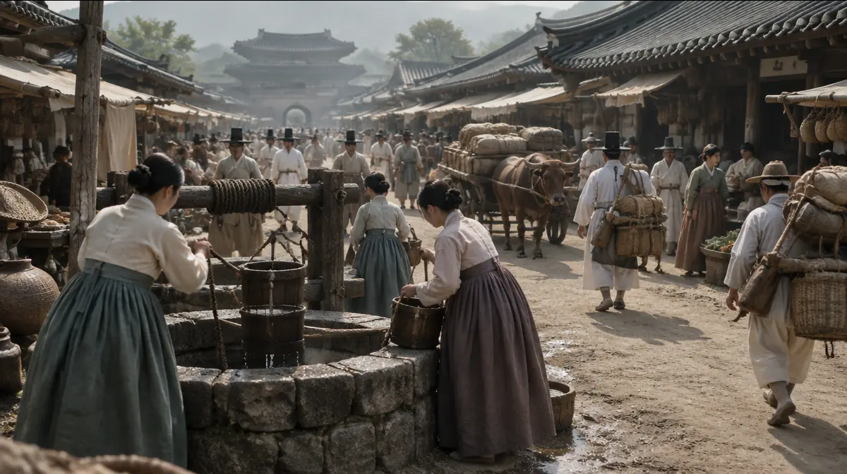 돌 우물에서 아낙들이 두레박으로 물을 긷고, 뒤로 짐꾼과 소달구지, 상인들로 붐비는 장터 거리.