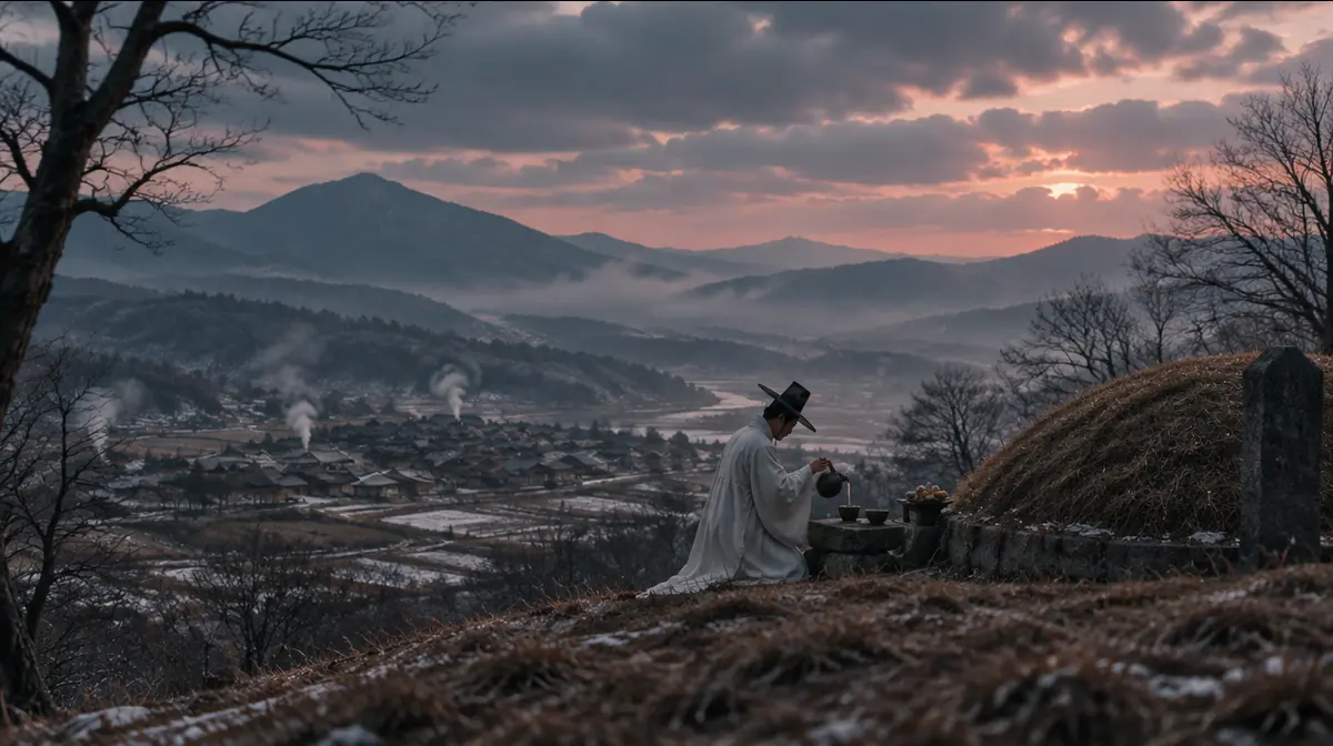 겨울 언덕의 무덤 앞에서 선비가 술잔을 올리는 모습을 멀리서 본 풍경.