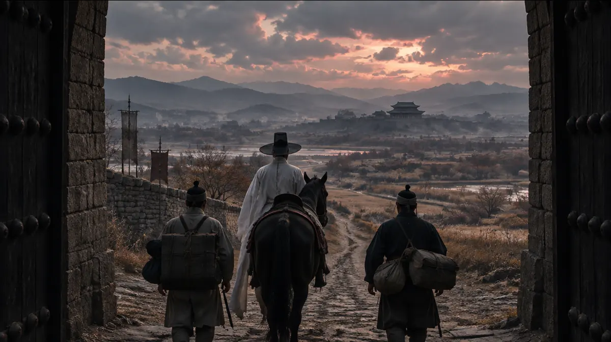 늦가을 도성 문을 나서는 선비와 짐을 진 두 종의 뒷모습, 앞으로 남쪽 길이 뻗어 있다.