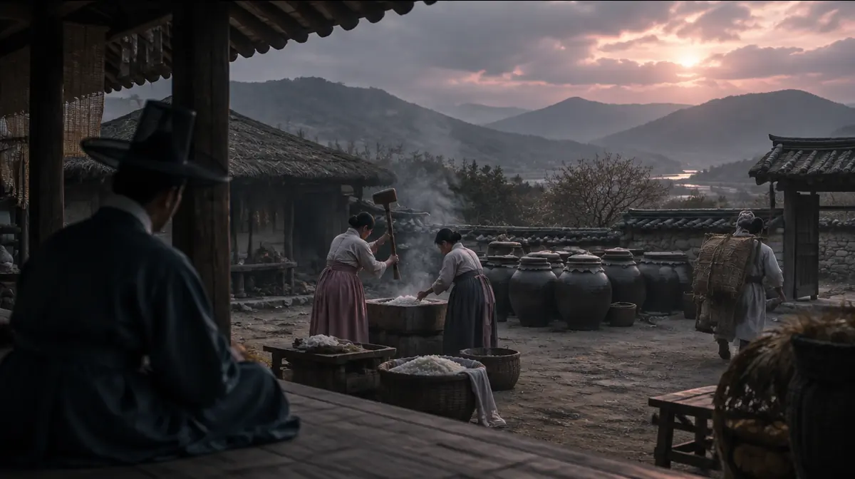 농가 부엌 마당에서 여인들이 떡메로 떡을 치고 술독이 늘어서며 종이 장에 갈 지게를 꾸린다.