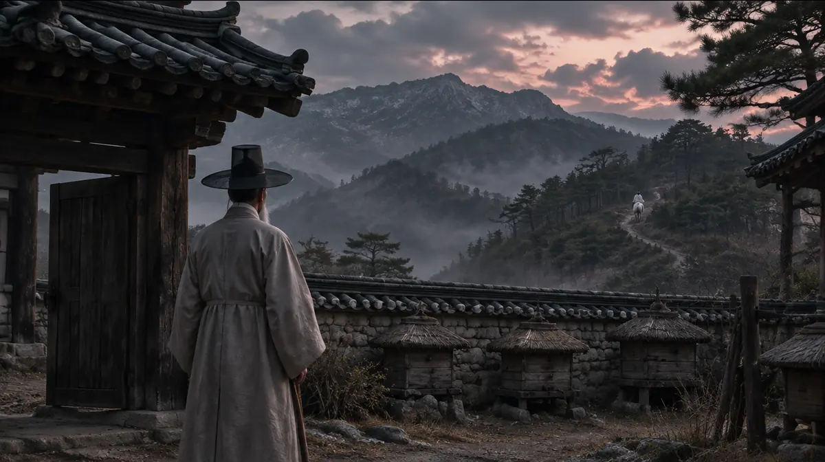 관아 문밖에서 노인이 먼 산길 숲 사이로 사라지는 흰옷 차림 말 탄 사람을 바라보는 뒷모습.