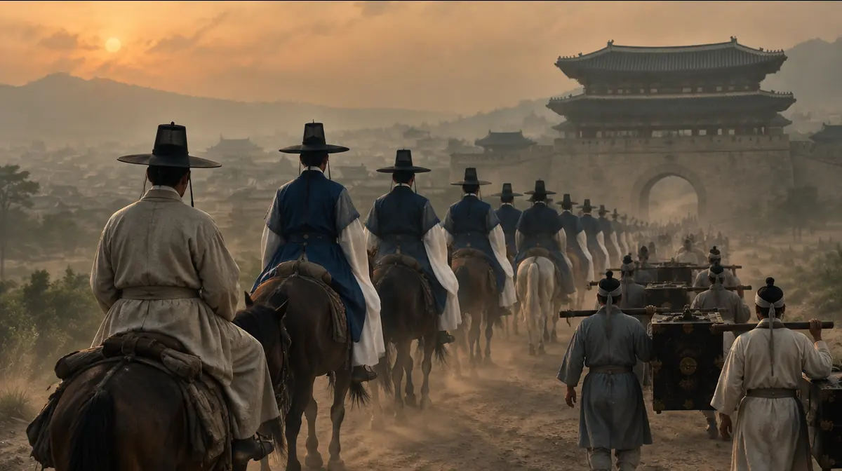 한양 성문 앞에 갓 쓴 관리들의 사절단 행렬이 출발을 준비하고, 맨 뒤 말 탄 선비가 뒷모습으로 보인다.