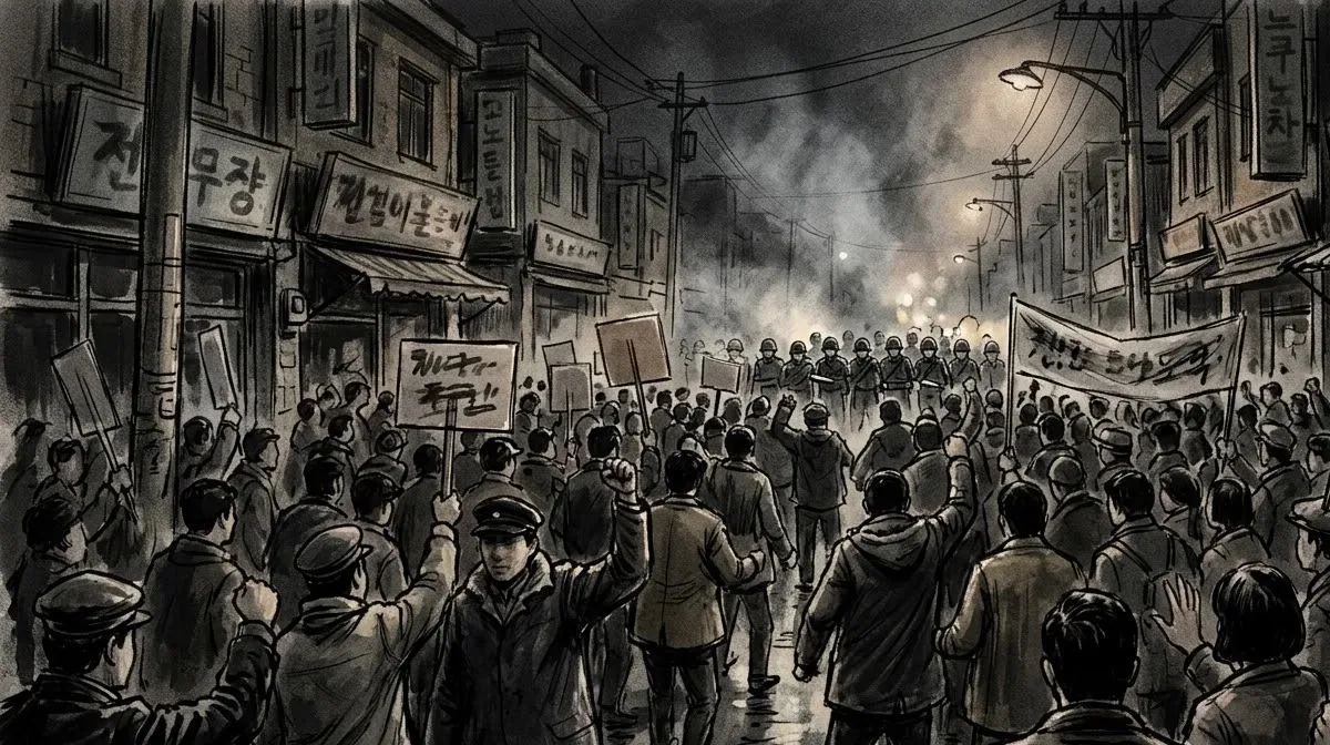 1960년 3월 마산 밤거리에 손팻말을 든 시민과 학생이 모이고 멀리 경찰 대열이 선 장면을 상상해 그린 그림.