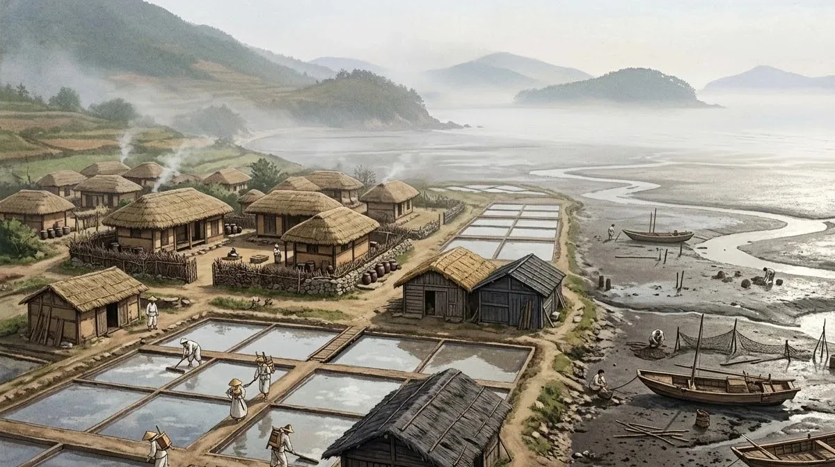 1920년대 하의도의 초가 어촌과 염전, 갯벌 위 나무배를 상상해 그린 그림.